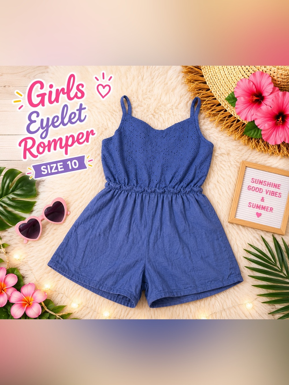 Girls Blue Chambray Eyelet Romper